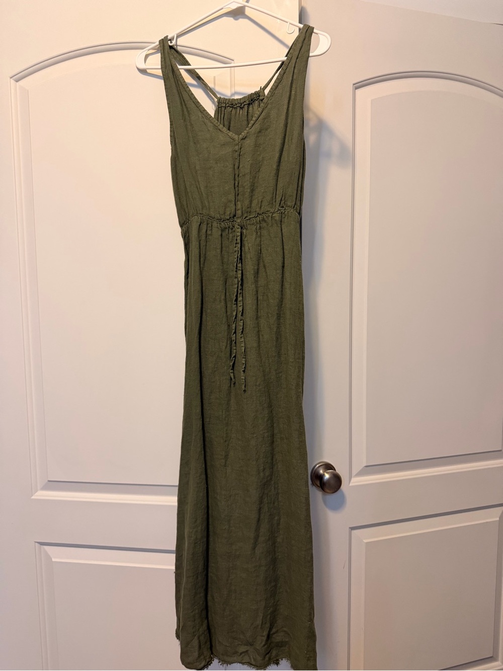Italian Linen - Olive Green Sleeveless Maxi Dress with Drawstring Waist